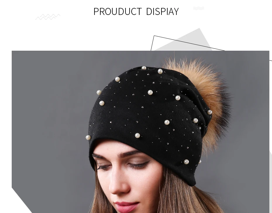New Women's Pearls Beanies Winter Causal Solid Rhinestone Pearl Slouchy Beanies Hat with Raccoon Fur Pompom Femme Black Cap