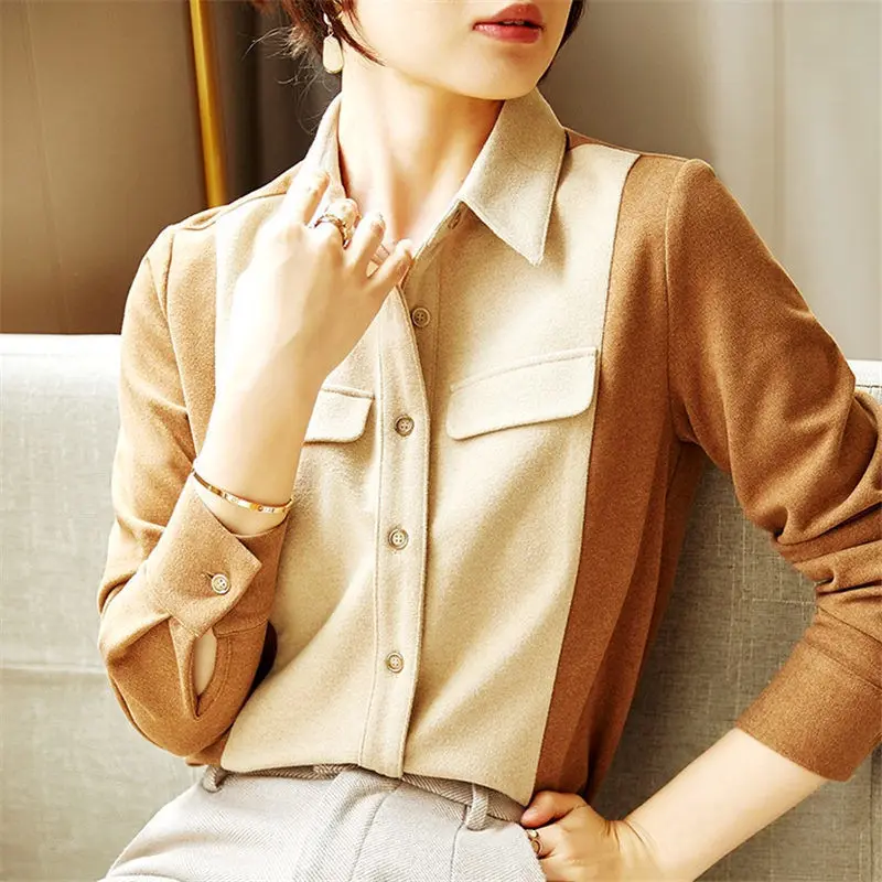 Women's shirt autumn 2021 new style sanded contrast stitching long-sleeved shirt jacket  camisas  Regular  Polyester