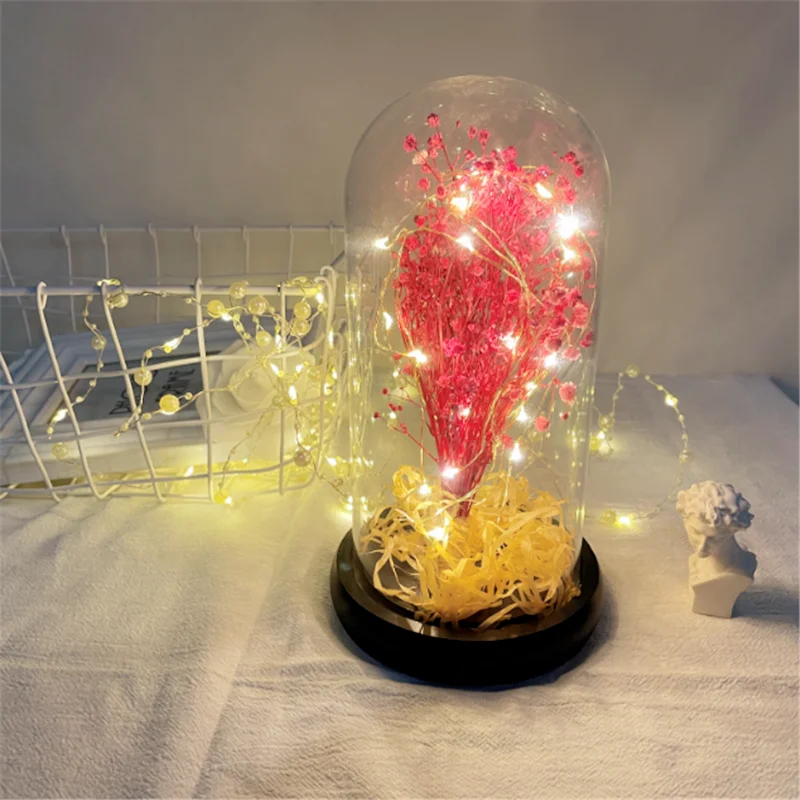 

Красный сушеный цветок Babysbreath для банкета в стеклянном куполе, светодиодный медный светильник для девочки, подарок на день Святого Валентин...