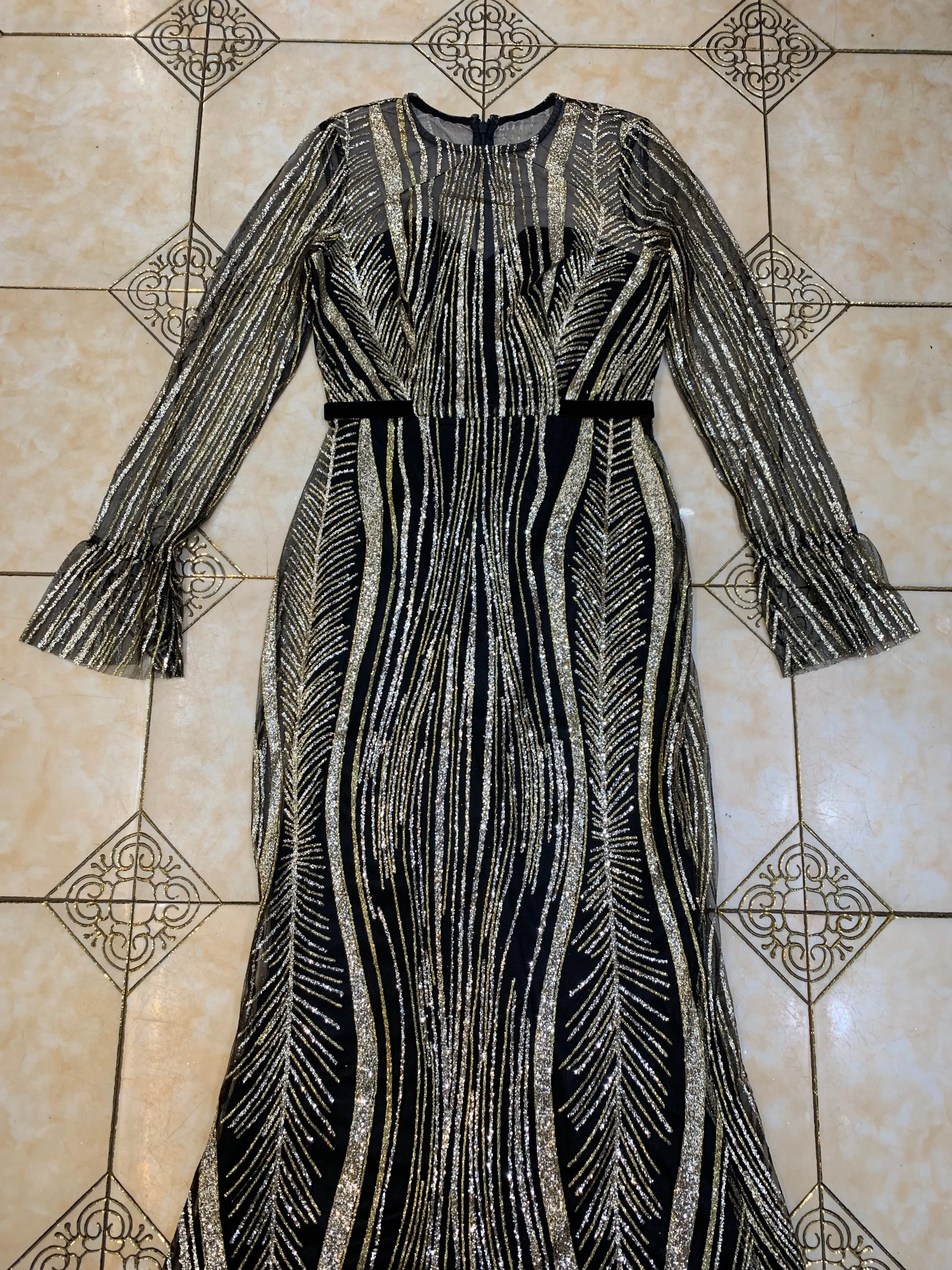 

2021 New Black Gold O Neck Women Long Sleeve Floor Length Celebrity Evening Party Bodycon Fashion Bandage Dress Dropshipping