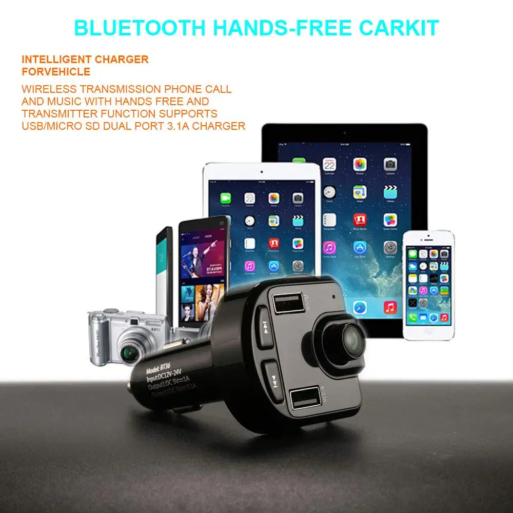 Bluetooth автомобильный комплект с двойным USB автомобильным зарядным устройством 3.6A
