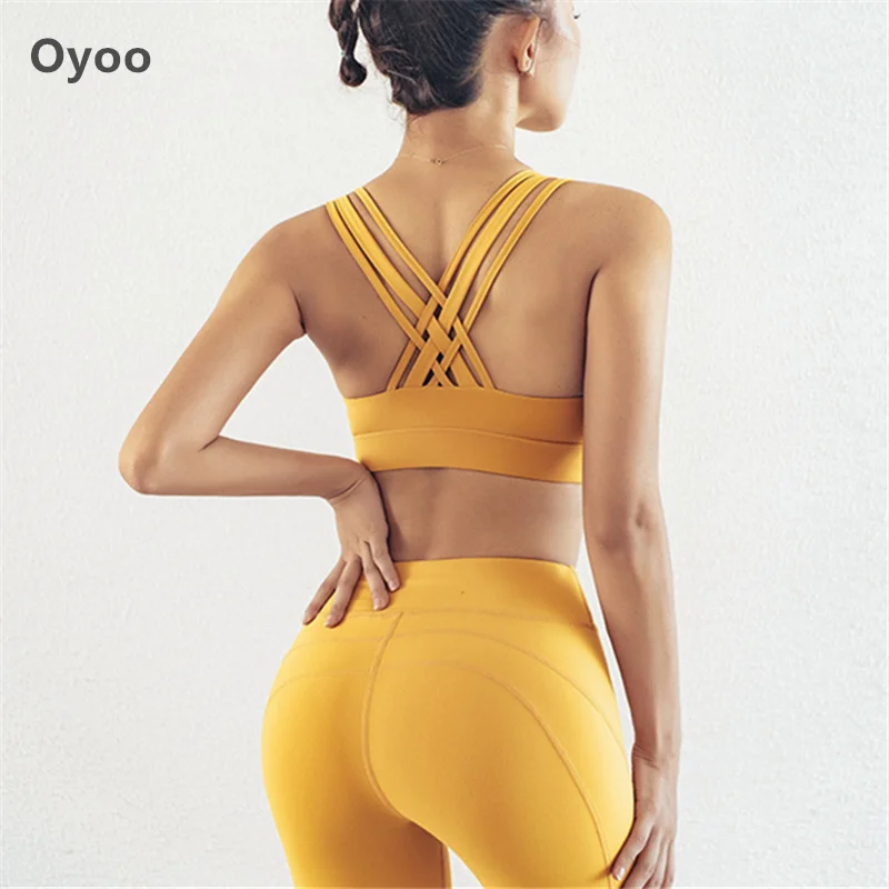 Yellow Oyoo 2 шт. желтый yoga комплект slim fit jogging femme спортивные костюмы Ремешками Спортивный Топ для бега одежда пикантные тренировочная одежда для женщин - Цвет: Yellow