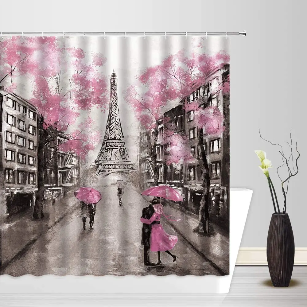 

Paris Tower Shower Curtains Vintage France City Romantic Floral Hand Drawn Scenery Creative Fabric Bathroom Decor Set with Hooks