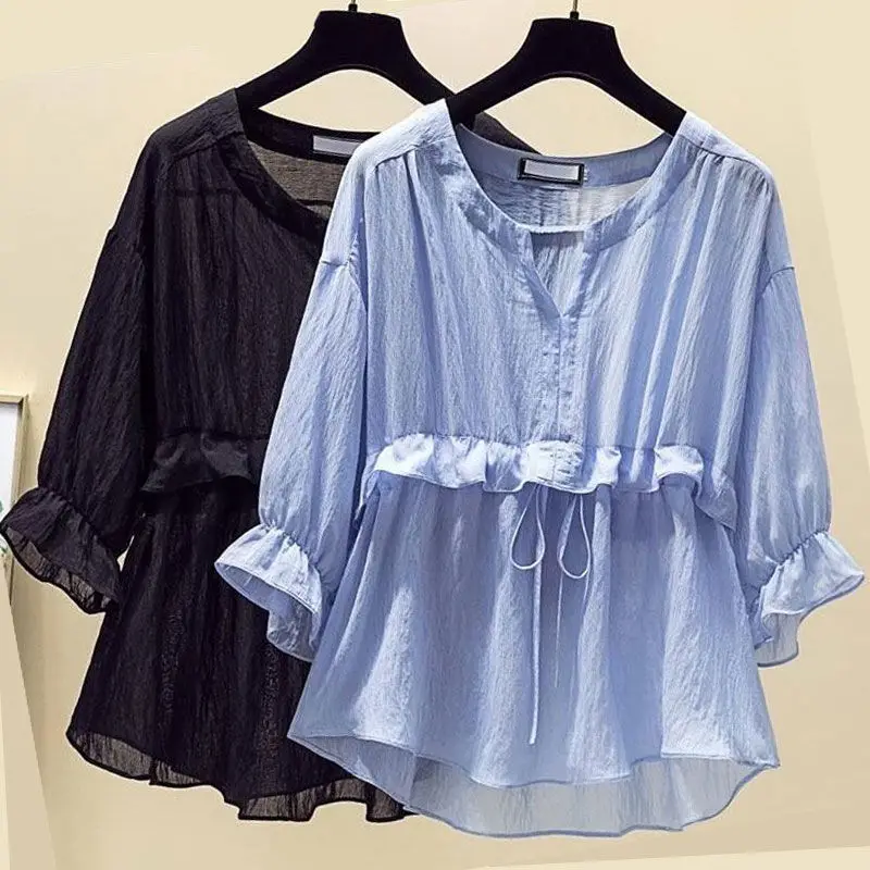 

Summer Cover Belly Mid-Length Chiffon Shirt Loose And Thin Five-Point Sleeves Western Style Top T-Shirt Small Shirt