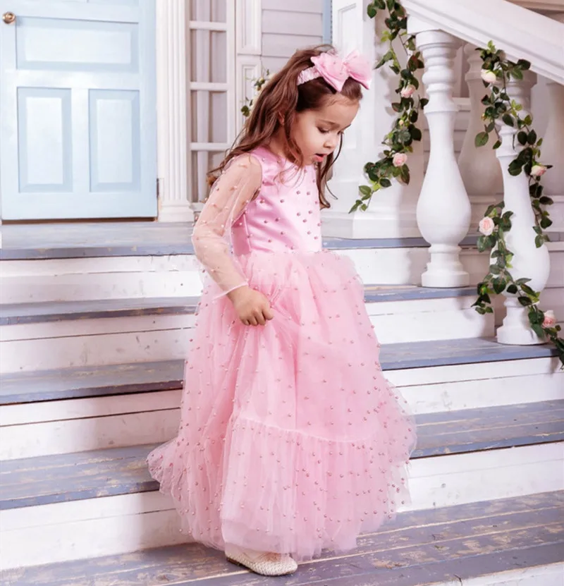 

Princess Pink Long Sleeve Birthday Party Gown Layers Tulle Flower Girl Dress Christmas Photography