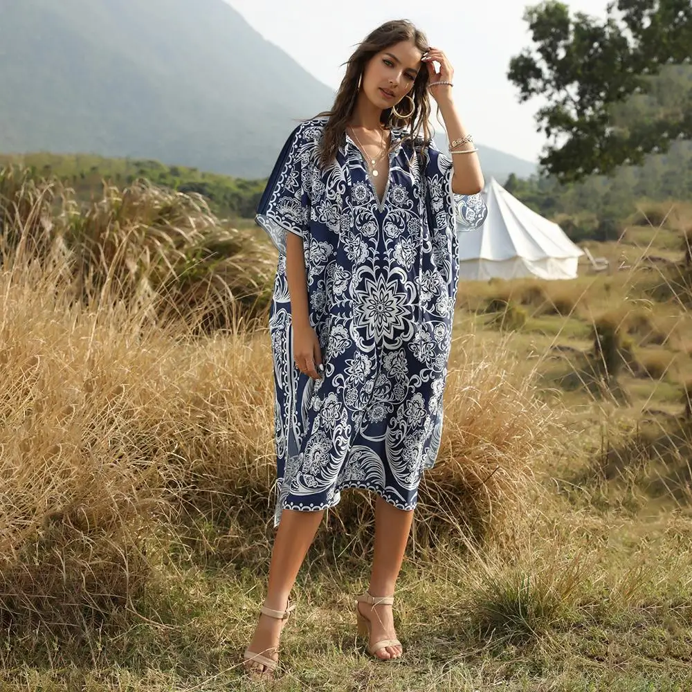 Платье женское в стиле бохо пляжный сарафан с цветочным принтом и рукавом
