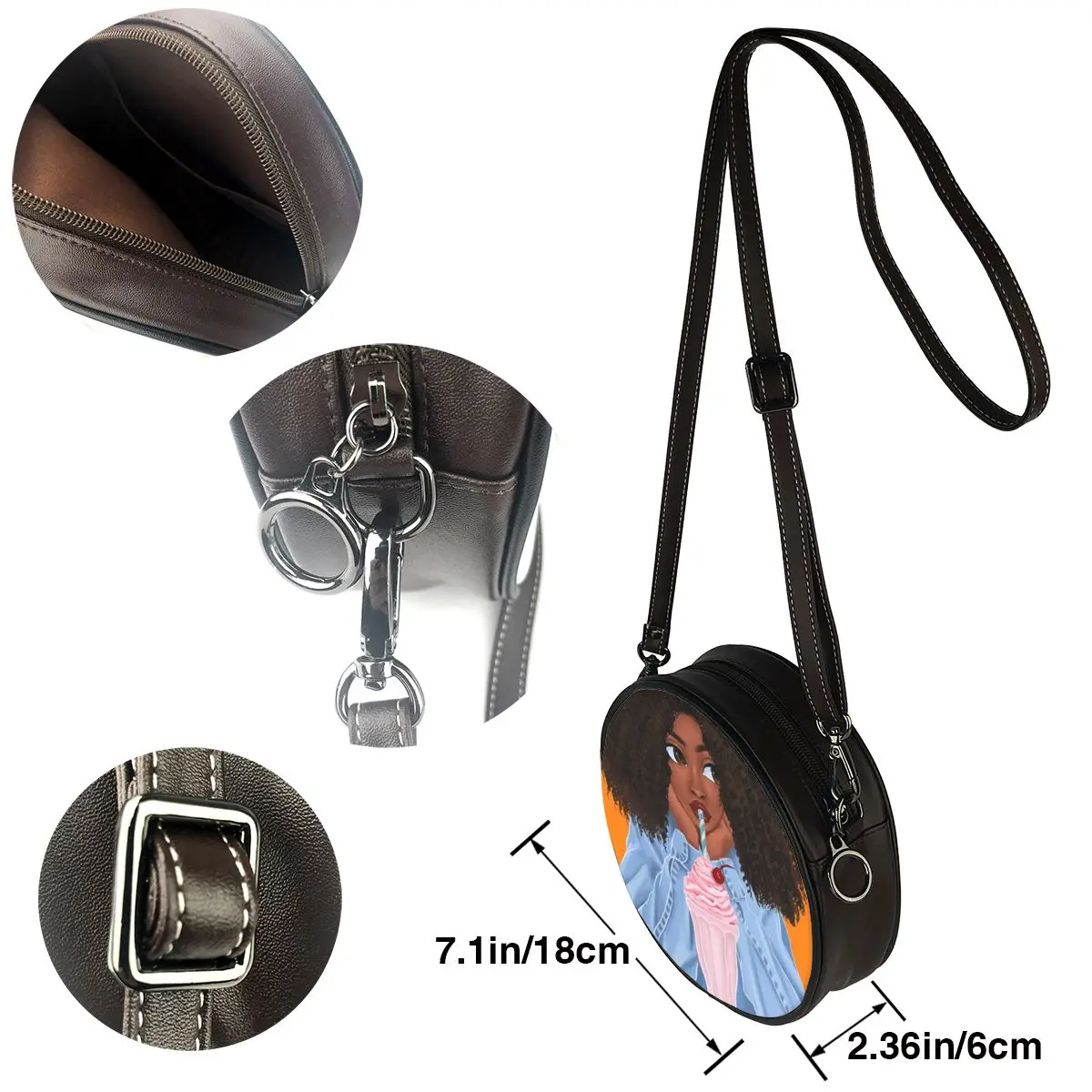 

New Afro Female Round Leather Shoulder Bag Women Black Crown Circular Messenger Teenager Satchel Custom Bag Dropshipping