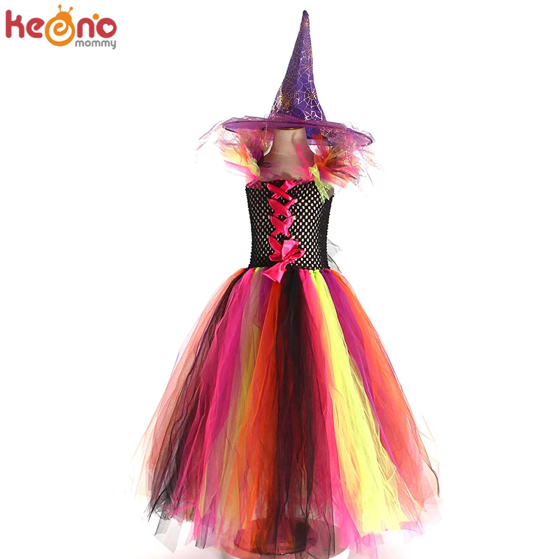 Vestido de tut&uacute; de arco&iacute;ris para ni&ntilde;a y bruja malvada, disfraz para ni&ntilde;os de Halloween, Carnaval, Cosplay, fiesta, vestido de baile elegante para desfile-3