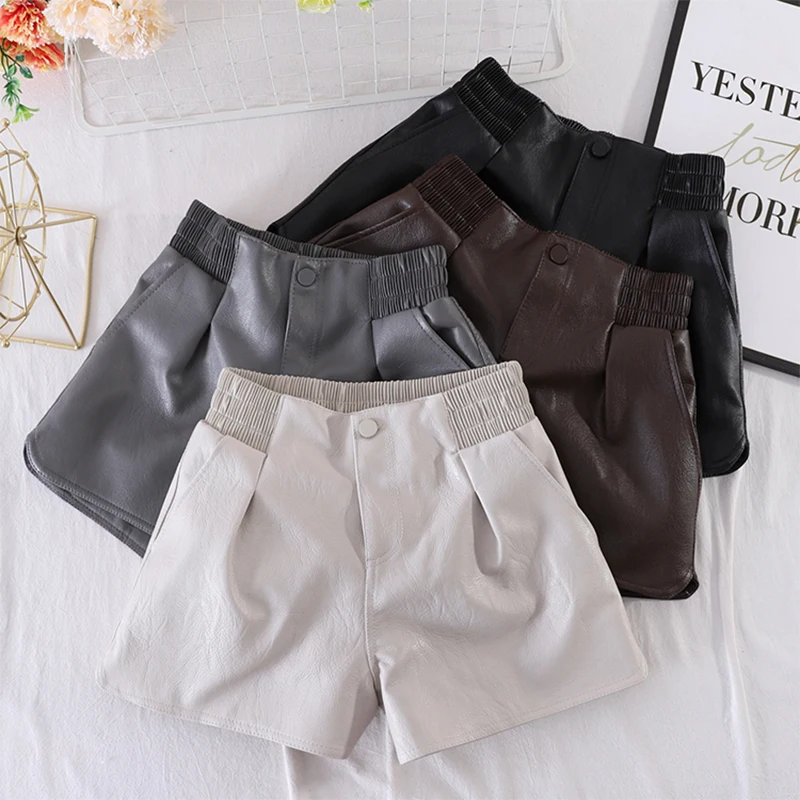 

2021 High Waist PU Leather Shorts Women Zipper Button Wide Leg Shorts Punk Style Autumn Winter Casual Loose Short Feminino