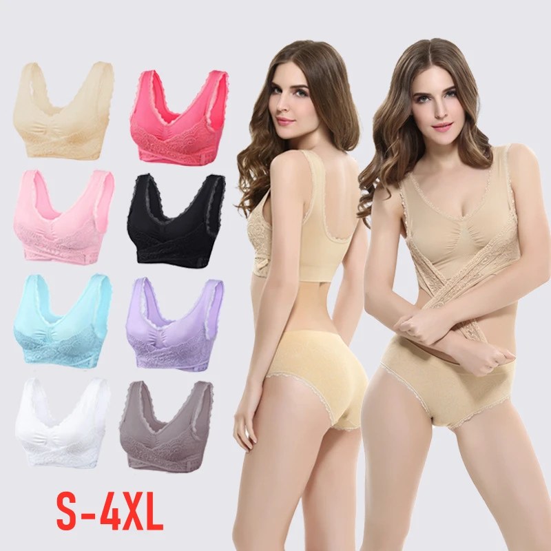 

S-4XL Plus Size Sexy Lace Bralette Cross Side Buckle Bra Brassiere Wireless Push Up Bras for Women Lingerie Sleep Bra Femme