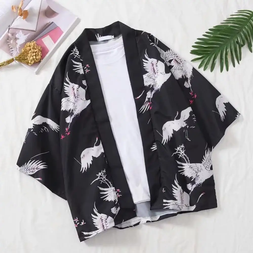 

Oversize Vintage Casual Men Flying Crane Front Open 3/4 Sleeve Kimono Cardigan Yukata Coat Shirt Summer Casual Handsome Shirt