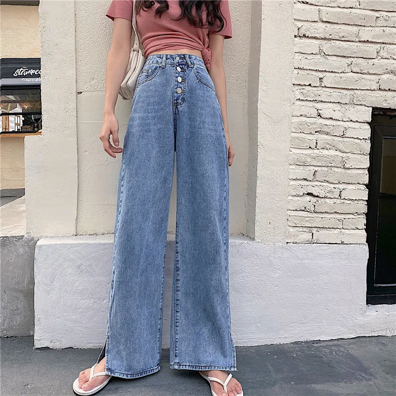 

Pants Women's Korean-Style Xuan Ya High Waist Wide Leg Side Slit Straight Drooping Jeans