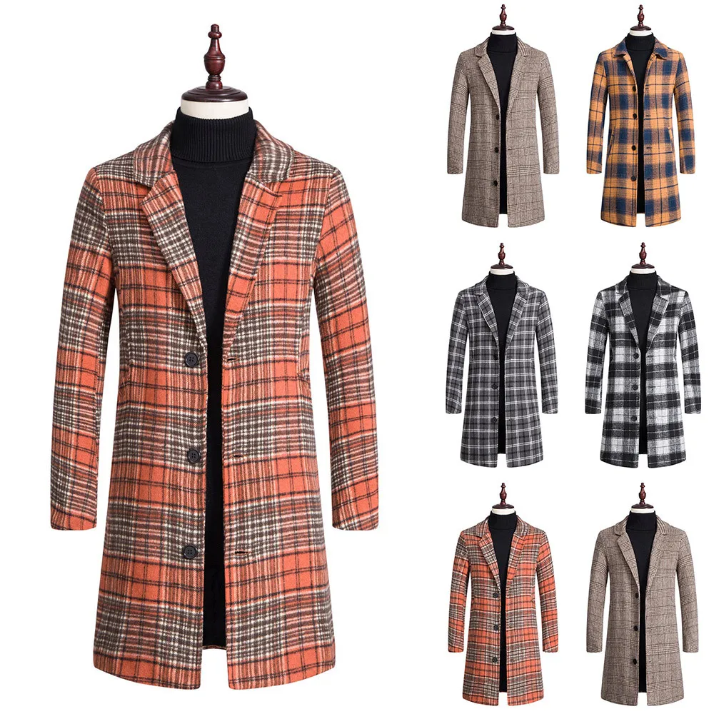 

Длинные пальто в полоску в клетку, мужское однобортное длинное пальто в клетку с отложным воротником, теплая удобная повседневная Свободна...