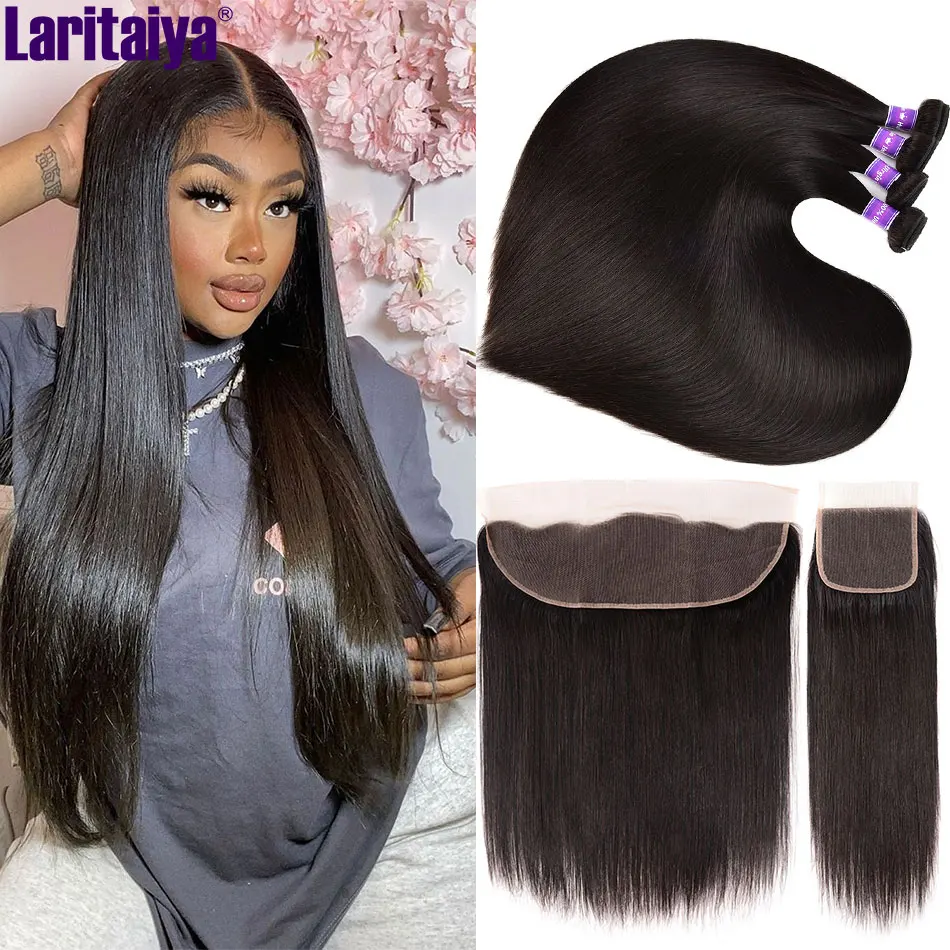 Peruvian Straight Hair Bundles With Frontal 100% Human Hair 2/3/4 Bundles With Closure Transparent Lace Frontal With Bundles