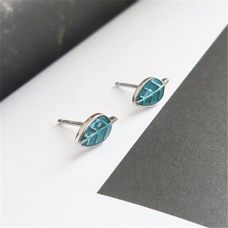 

100% 925 Sterling Silver Enamel Leaf Stud Earrings For Women Girls Kids Party Gift Pendientes Brincos Prevent allergy Jewelry