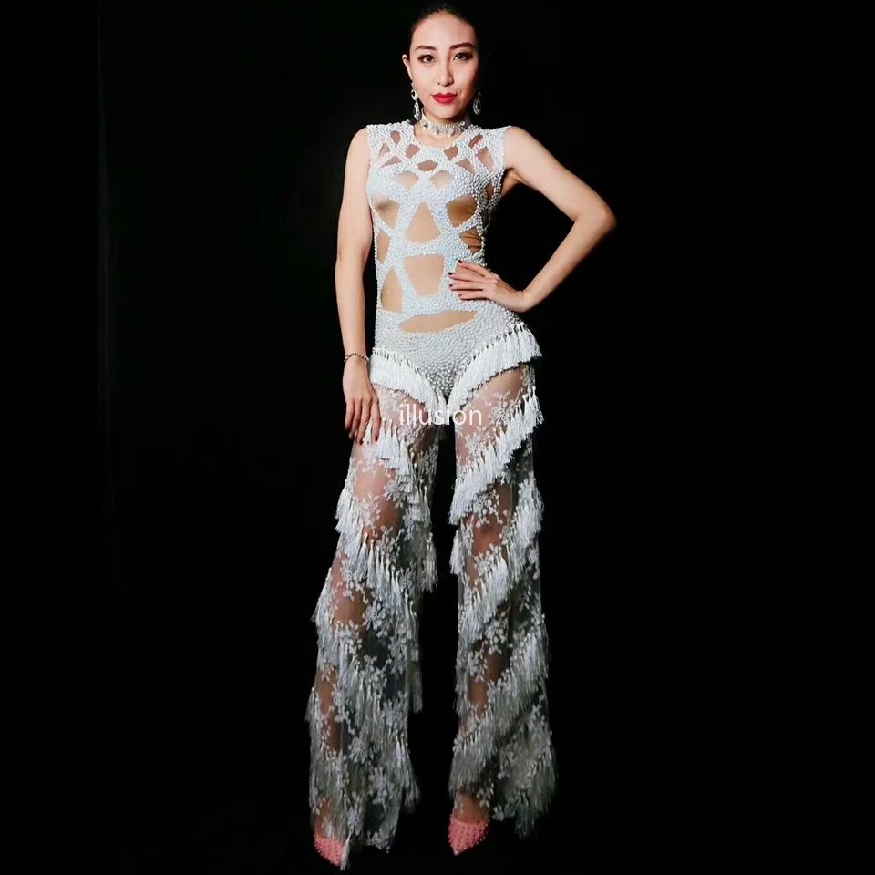 Модный кружевной комбинезон со стразами и кисточками для женщин сценический