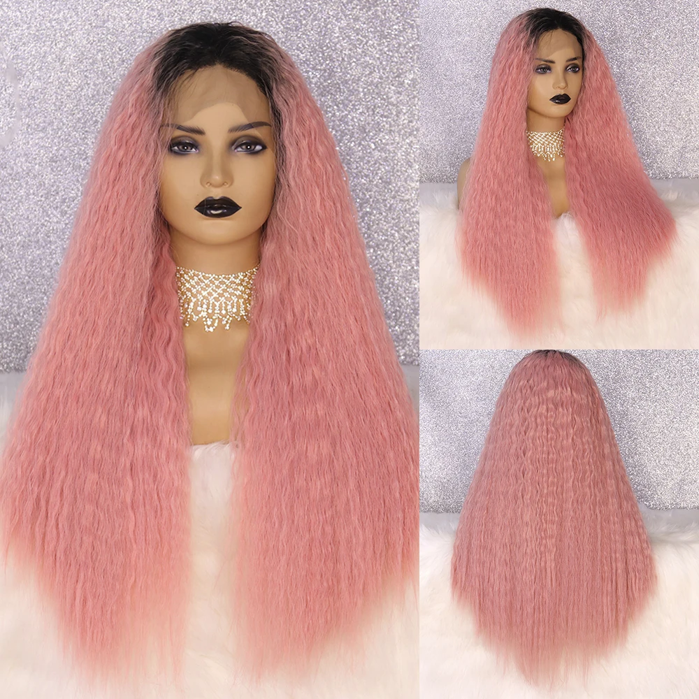Deep Wave Ombre Pink Synthetic Lace Front Wig Heat Resistant Glueless 26 Inch  Blonde Cosplay Wigs For Black Women OLEY