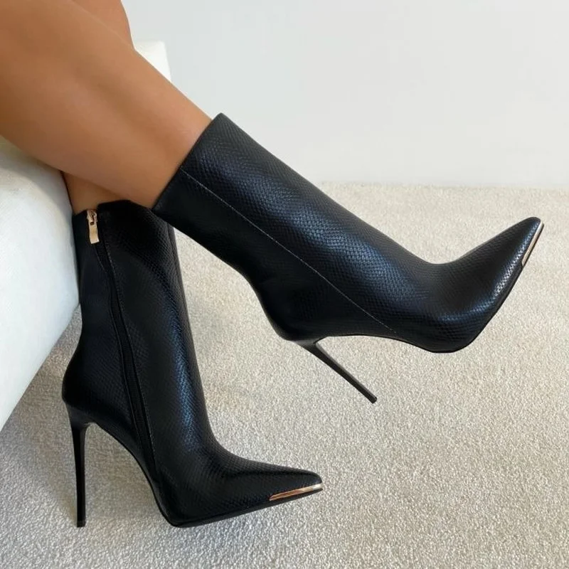 

2021 New Brand Women Boots Fashion Super High Heels Ankle Boots Faux Leather Spring Autumn Pointed Toe Boots Winter Calf Boots