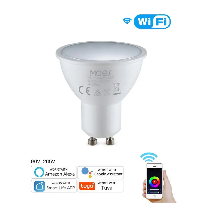 

Умсветильник светодиодные лампы Moes Tuya GU10 с Wi-Fi, приглушаемые светильники с дистанционным управлением, работает с Alexa Google Home, RGBCW, 5 Вт