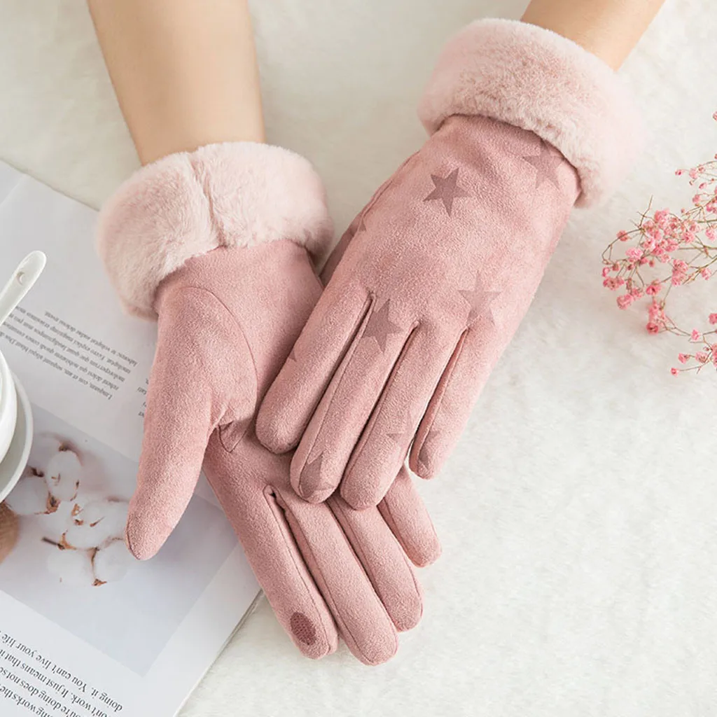 Pink A Корейские женские перчатки из искусственной замши, теплые перчатки с сенсорным экраном, зимние варежки, варежки для вождения, лыжные перчатки, ветрозащитный для езды - Цвет: Pink A
