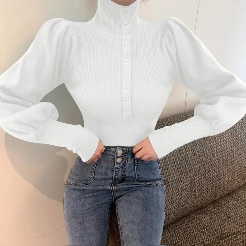 

Chic Korean Sweater Women Autumn Winter Turtleneck Puff Sleeve Jumper Single Breasted Sweaters Female Jumper Pull Femme