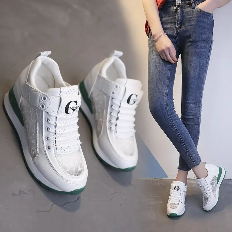 

Summer Breathable Mesh Platform Shoes Women Hollow Casual Shoes 2021 New 6CM Thick-soled Wedges Lace Heels Shoes Woman Sneakers