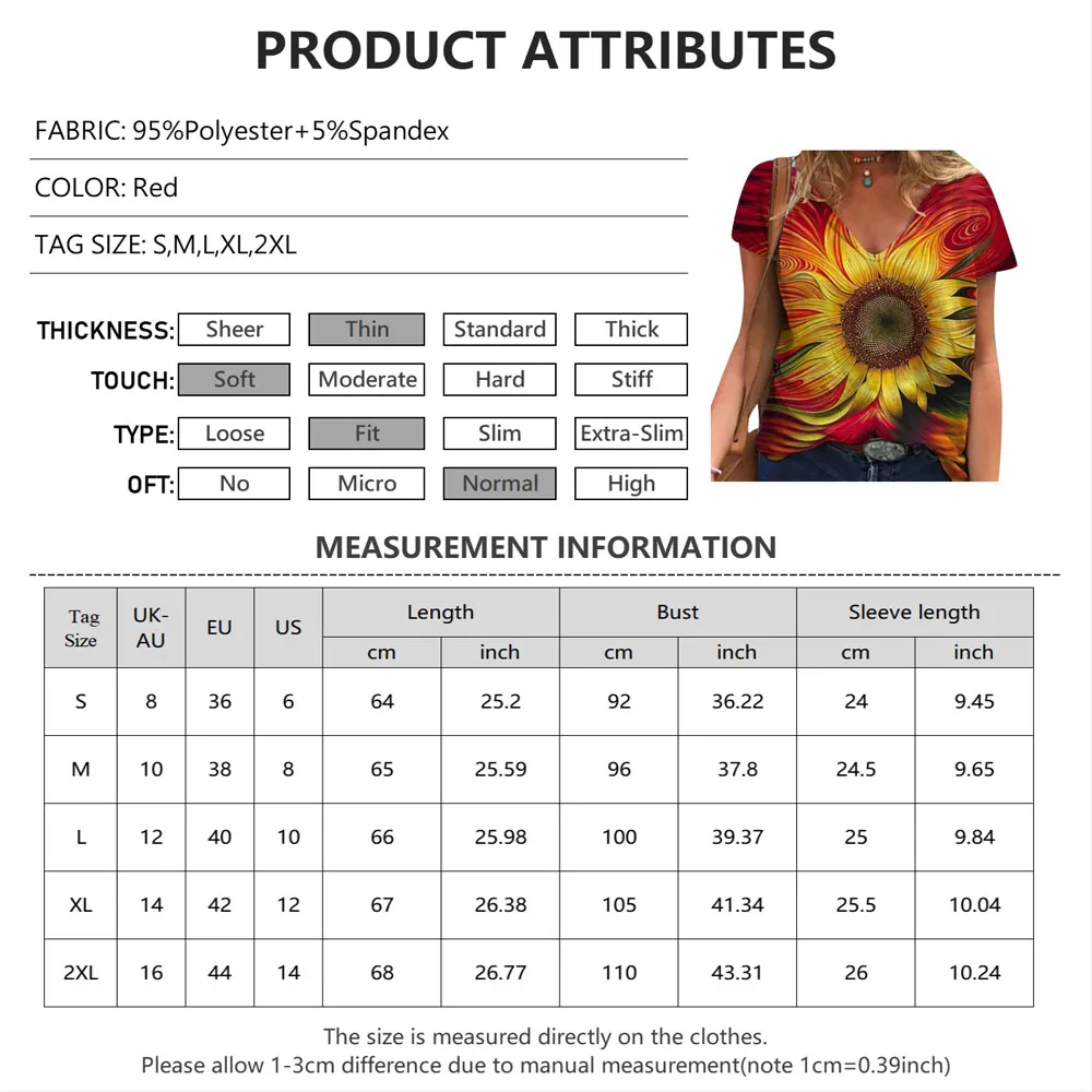 

Fashion Women Sunflower Print T-Shirt Short Sleeve Loose Tops Casual Female Summer Floral V Neck Tee Shirt Fashion Clothing D30