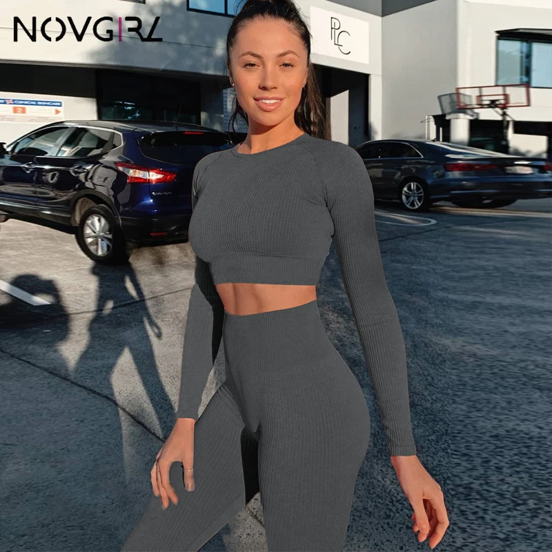 Novgirl ребристая трикотажная укороченная футболка Топы и леггинсы с высокой талией