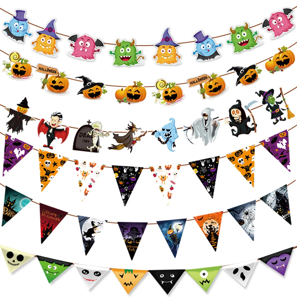 Украшение на Хэллоуин баннер с тыквой черепом Бумажная гирлянда флажки