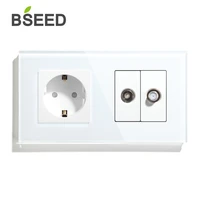 bseed tv satellite wall socket with eu standard electrical plugs sockets crystal glass panel white 3 colors outlets 157mm