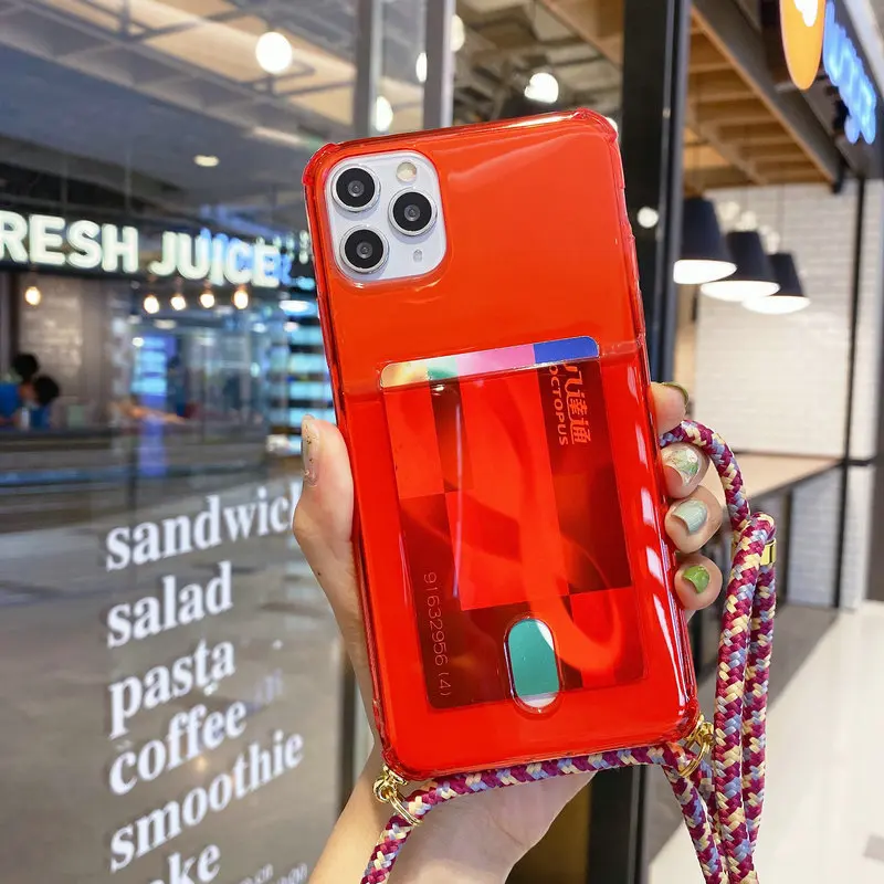 Флуоресцентный розовый прозрачный чехол со слотом для карт и ремешком iPhone 11 XR 11Pro