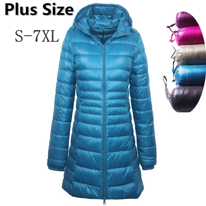 Женский зимний длинный пуховик с капюшоном 7XL светильник тонкий большого размера