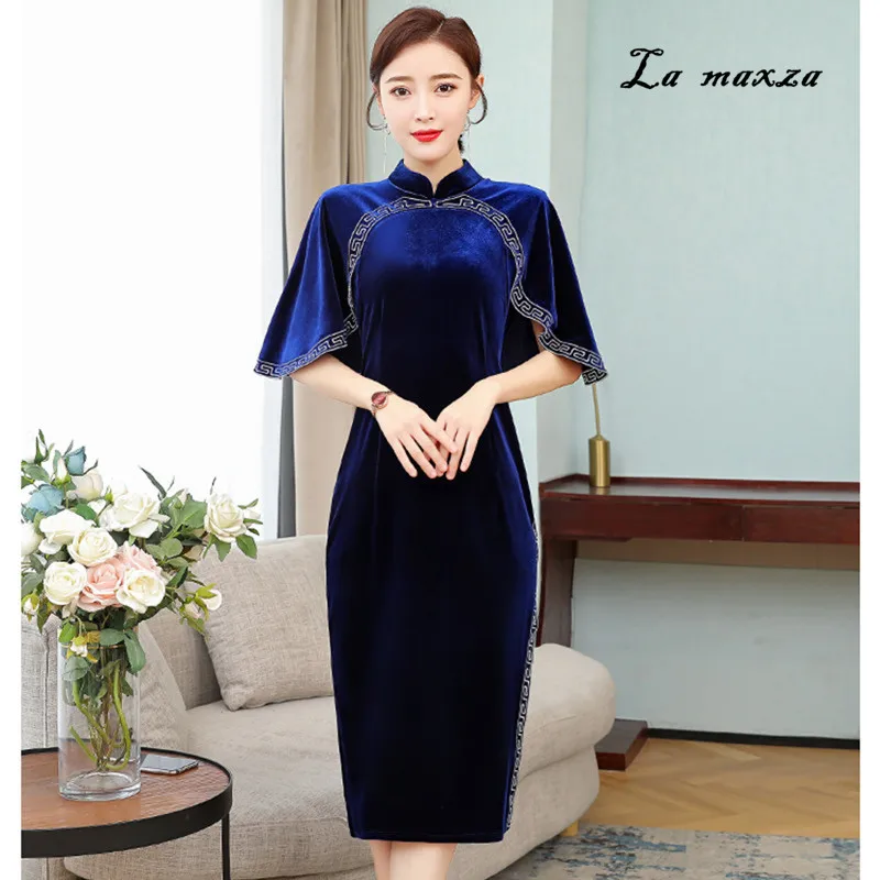 

Cheongsam платье 2020 китайское платье винтажная вышивка бархат размера плюс традиционное китайское платье