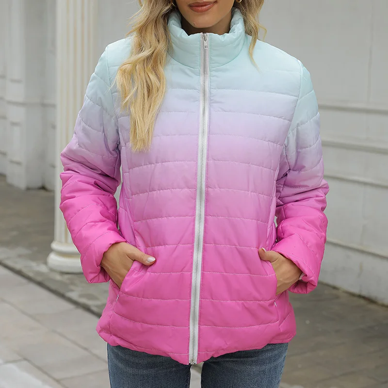 

Зимние градиентные парки с воротником-стойкой, женская модная мягкая куртка с длинным рукавом, Женский Осенний топ на молнии для отдыха, жен...