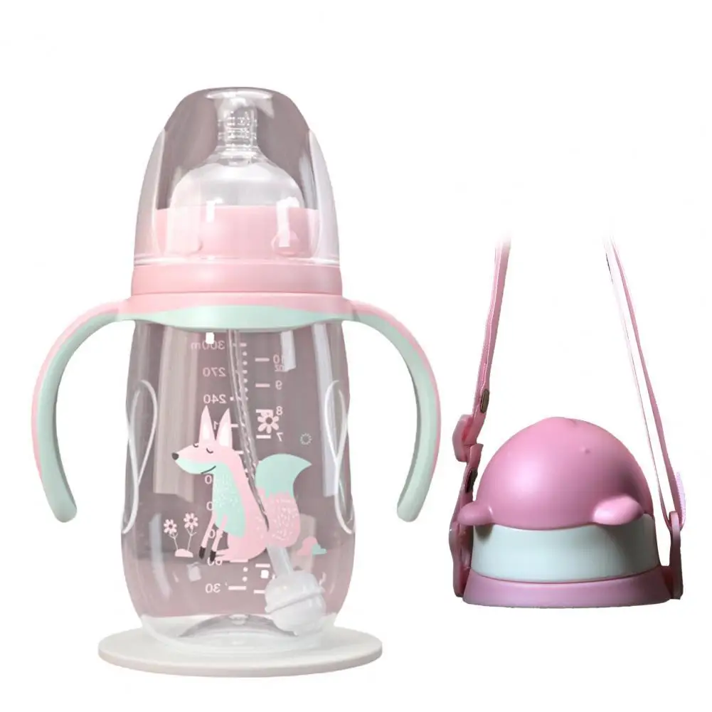 

240ml/300ml Portable Double Handle Infant Drop-proof Baby Wide-caliber Milk Bottle with Straw Handle Newborn Baby Feeding Bottle