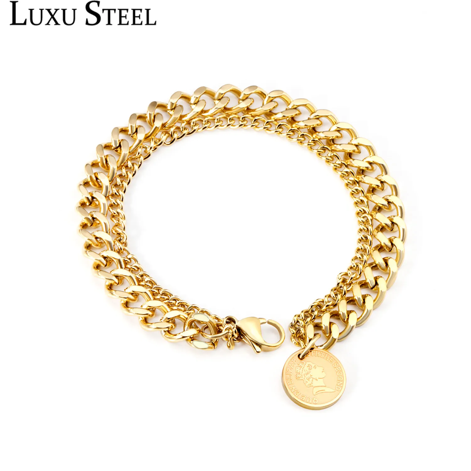 

LUXUSTEEL Hiphop Link Chains Bracelets Women Accessories pulseras mujer Stainless Steel Queen Pendants Women Accessories Party