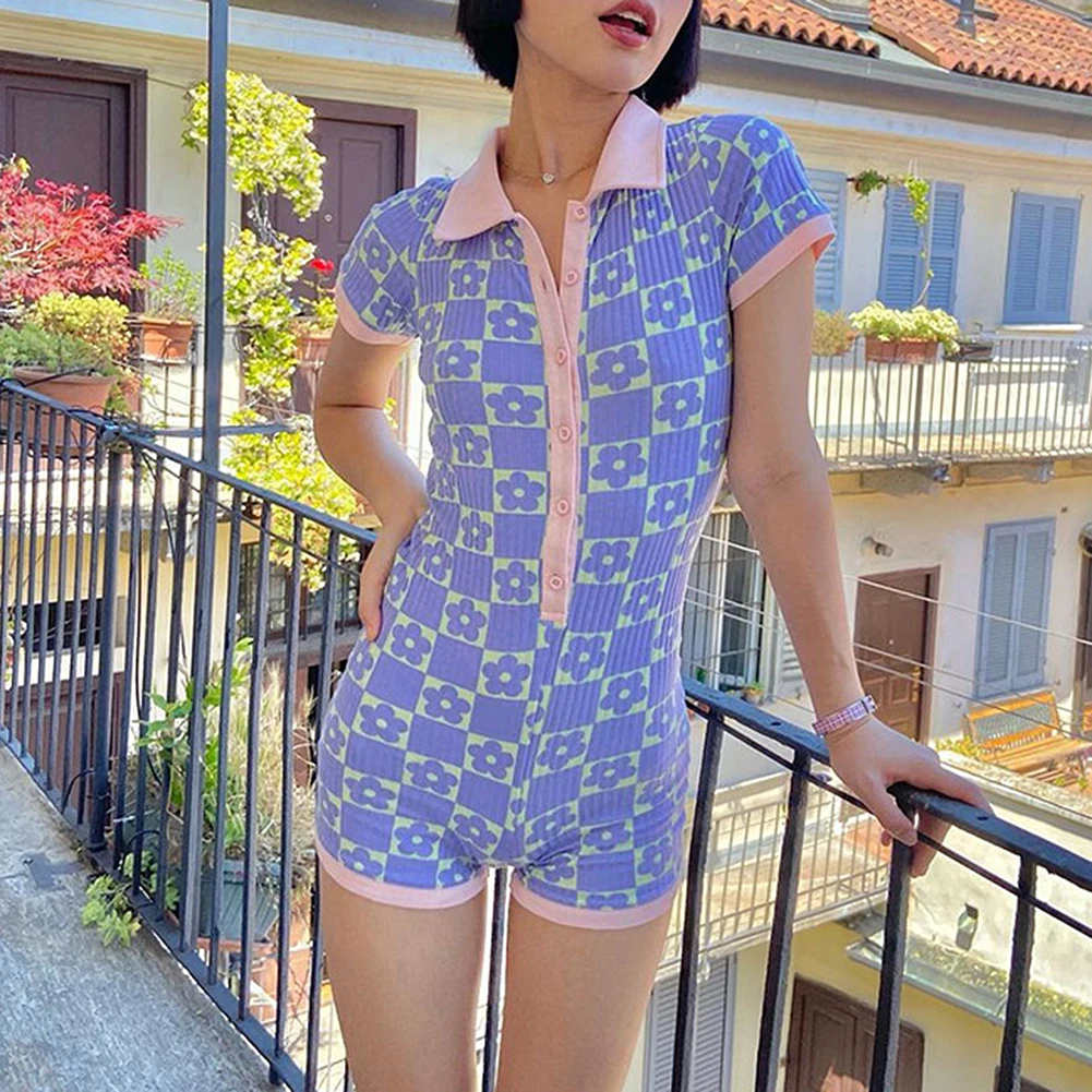 

Y2k Floral Knitted Bodysuits Turn Down Collar Patched Playsuits Female Vintage Harajuku Bodycon Short Sleeve Button Outfit