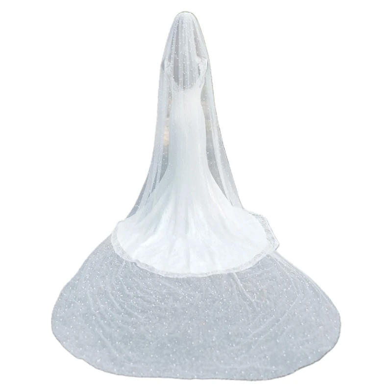 

One-Layer Cover Face Cathedral Wedding Veil Pearl Beading Bridal Party Headpiece