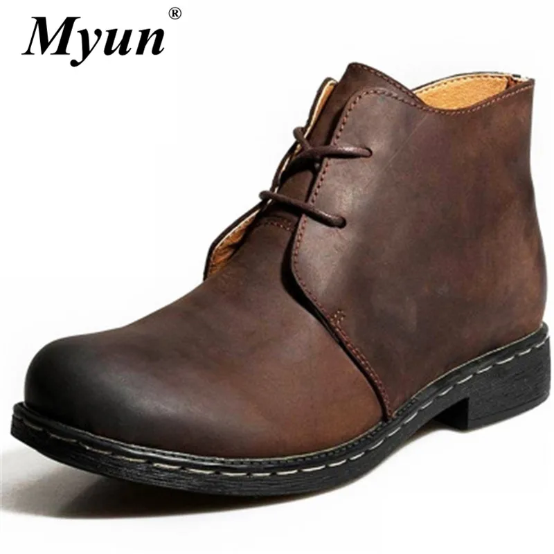 

Retro Genuine Leather Men's Boots Autumn Winter Plush Warm Ankle Boots Male High Quality Comfortable Lace-Up Cowboy Booties