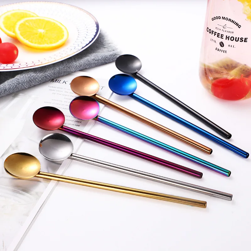 

304 Stainless Steel Straw Spoons Drink Straw Coffee Stirring Spoon Creative Colorful Titanium Coated Straw Spoon