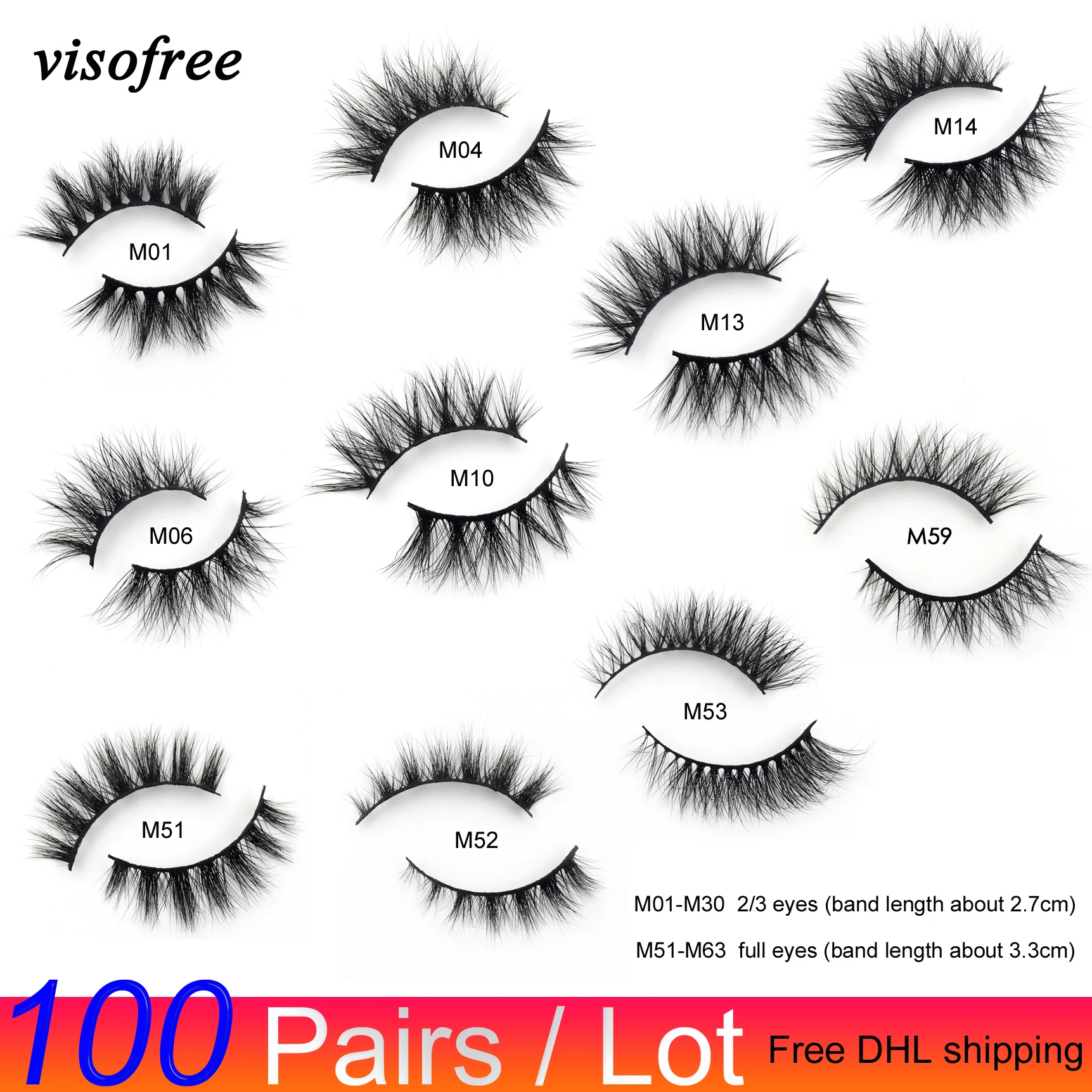 100 парт/лот бесплатно искусственные норковые ресницы Visofree оптом 3D для макияжа