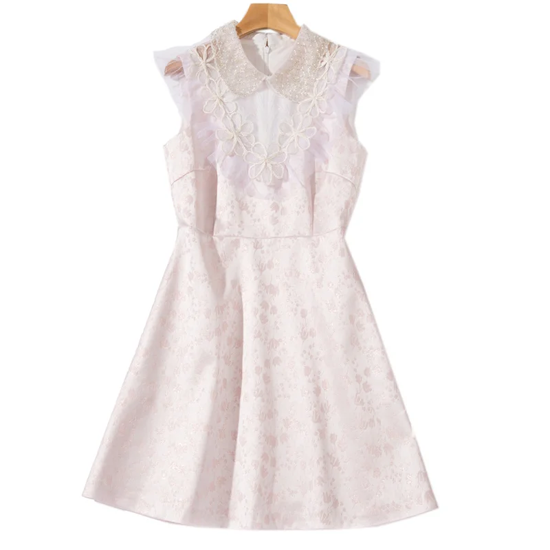 

DIDABOLE летнее Новое Женское Кукольное платье с воротником украшенное кристаллами бисером Сетчатое лоскутное элегантное модное вечернее роз...