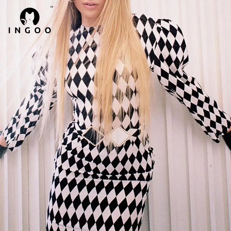 

INGOO Elegant Party Women Midi Dress Retro O Neck Black White Plaid Long Sleeve Bodycon Dresses Casual Office Ladies Puff Sleeve