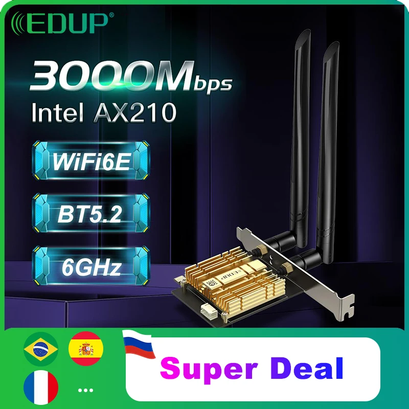 Чипсет EDUP Wi Fi 6E Intel AX210 PCI Express 3000 Мбит/с Blue tooth 5 2 Двухдиапазонная карта PCIE для