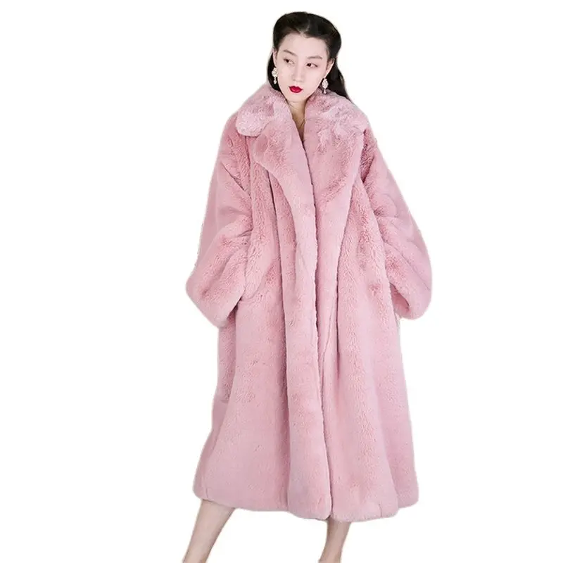 

Fur Jacket 2021 Winter Women High Quality Faux Rabbit Fur Coat Luxury Long Fur Coat Loose Lapel OverCoat Thick Warm Female Coats