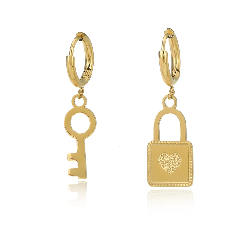 

Asymmetrical Lock Key Hoop Earrings for Women 14K Metal Stainless Steel Unusual Earrings Bijoux Femme Fashion Jewelry Gifts