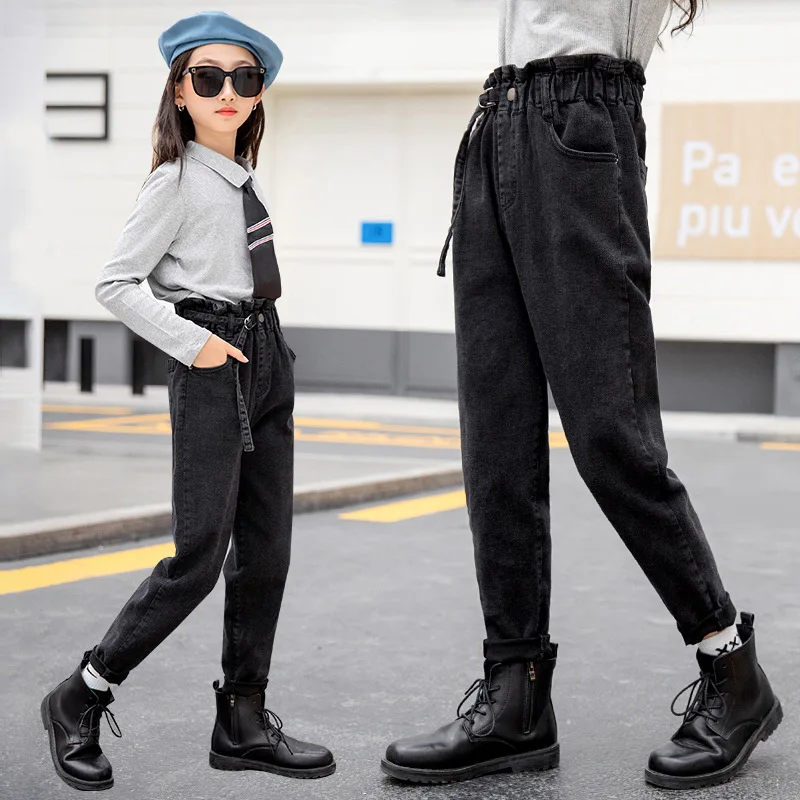 

Spring Kids Jeans Girls Haren Casual Black Long Pants Stretch Comfortable Simple Autumn 2021 New Children Teenage Trousers 12 14