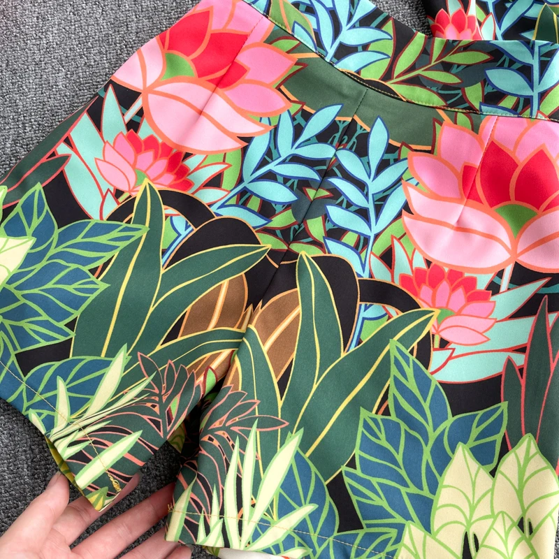 

Women Spring Design Plant Print Suit Turndown-Collar Button Casual Tops+High Waist Wide Leg Short Pants Two Piece Set