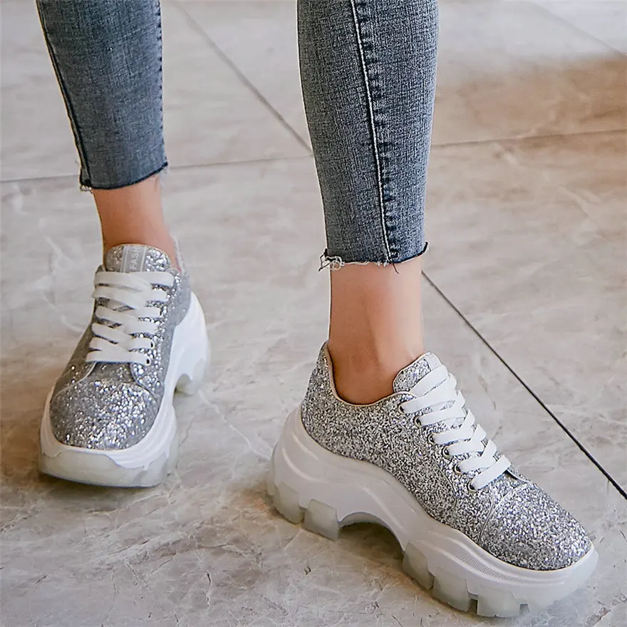 

Casual Shoes Women Trainers Shiny Glitter High Heel Ankle Boots Female Lace Up Round Toe Platform Pumps Shoes Fashion Sneakers