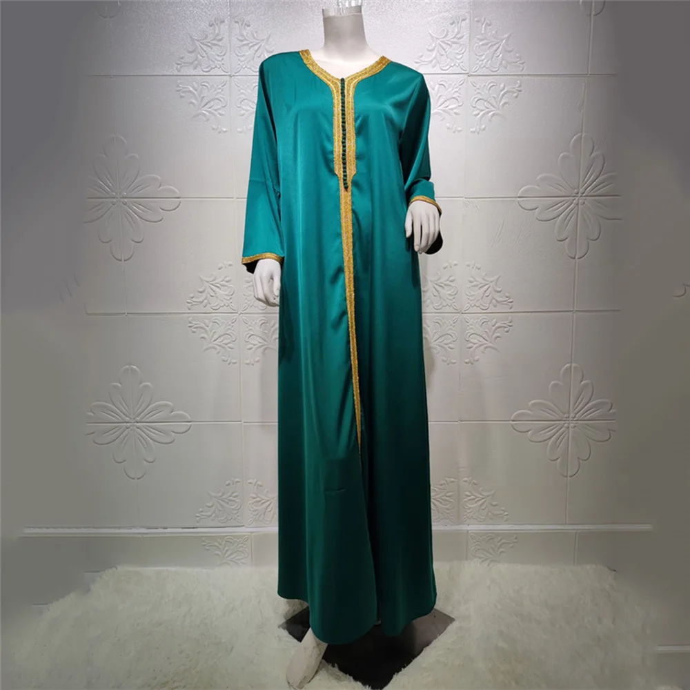 

African Dresses For Women Fashion Muslim Robe Golden Ribbon Patchwork V Neck Long Sleeve Maxi Dress Arabic Turkish Clothing 2021
